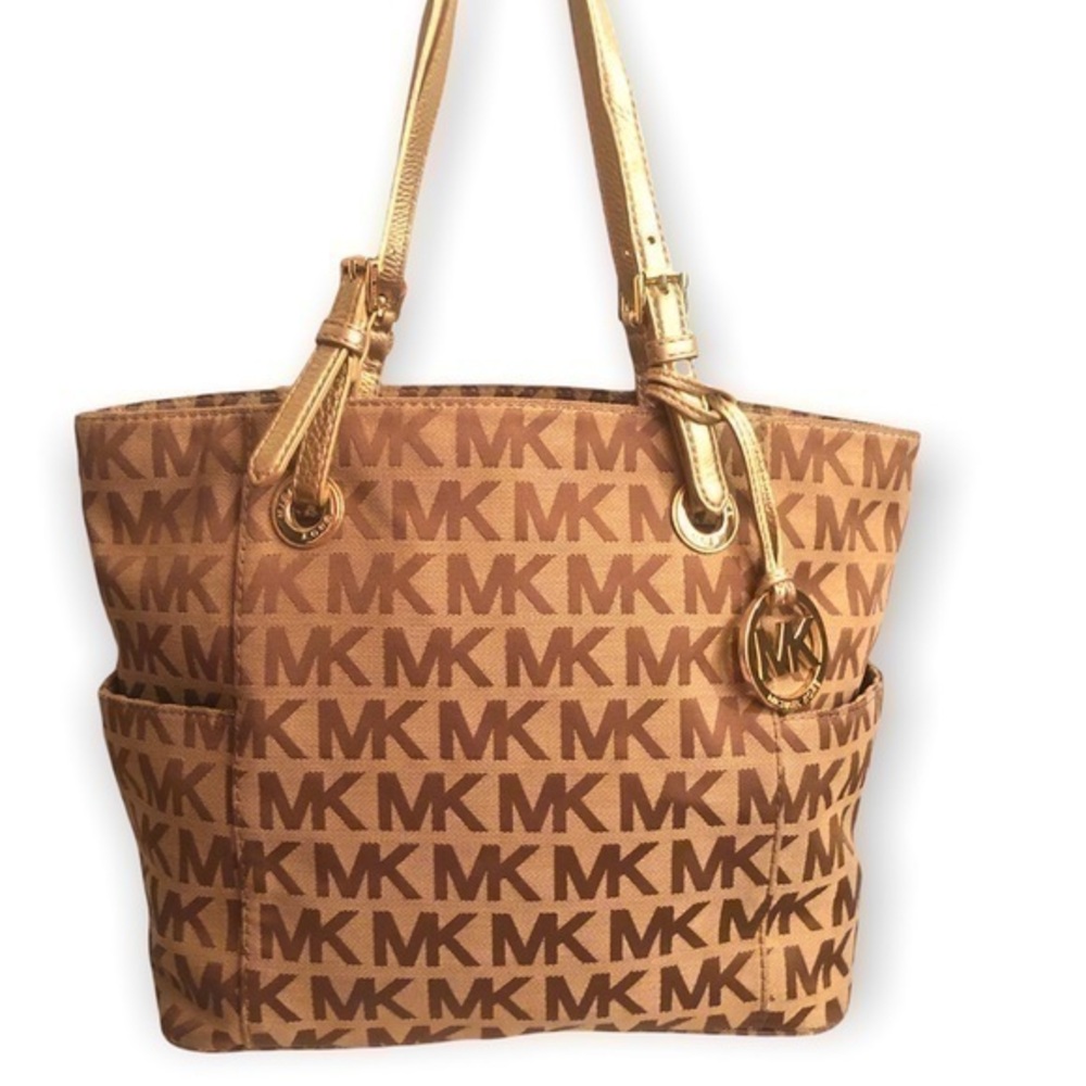 Michael kors signature brown khaki tote bag gold straps